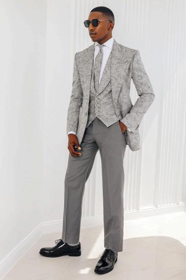 Abraham Gray Jacquard Peaked Lapel Three Pieces Prom Suits