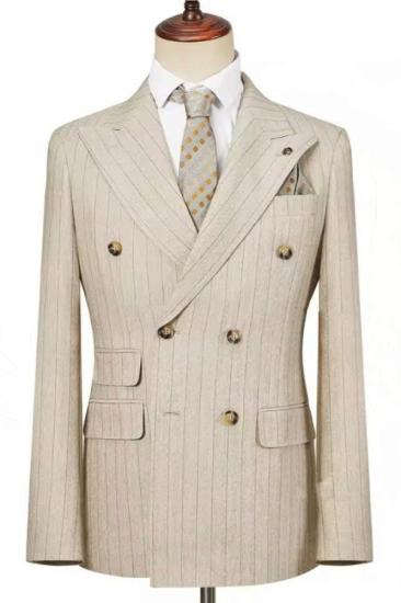 Champagne Pinstripe Double Breasted Business Suit with 3 Flapped Pockets_1