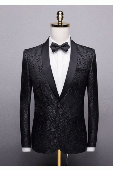 Black Jacquard Shawl Lapel Men Suit | Unique Slim Two Piece Wedding Groom Tuexdos_5