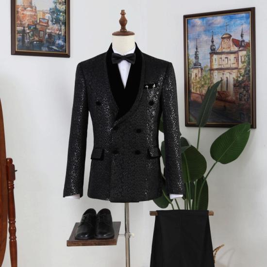 Black Jacquard Shawl Lapel Double Breasted Prom Men Suits_4