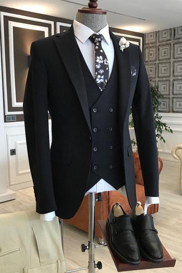 Yves Black Three Piece Notched Lapel One Button 3 Flap Men Suit Suit