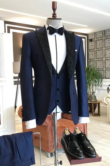 Modern Navy Three Piece Black Jacquard Point Lapel Men Business Suit_2