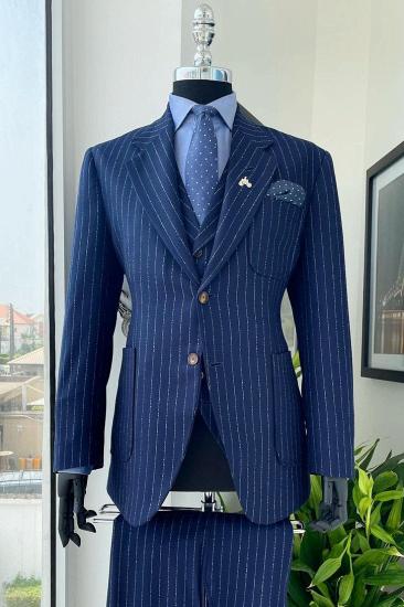 Navy Blue Pinstripe Three Piece Men Formal Business Suit with Waistcoat_1