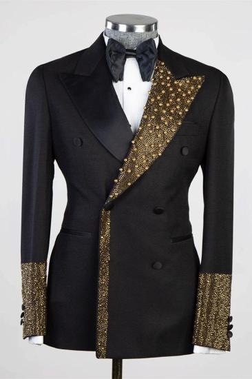 Black peak lapel double-breasted two-piece ball suit｜with gold beads_1