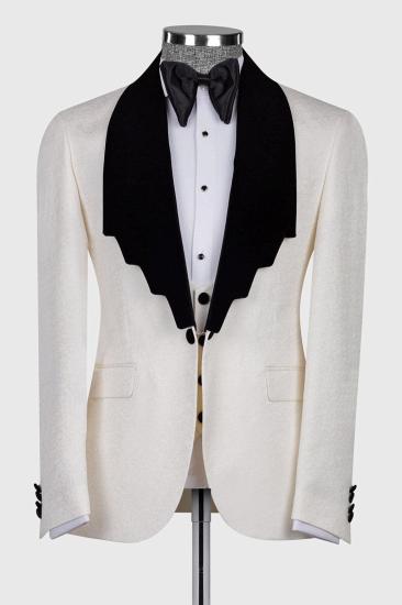 Tsui Ivory Jacquard Zigzag Black Lapel 3 Piece Groom Wedding Suit_1