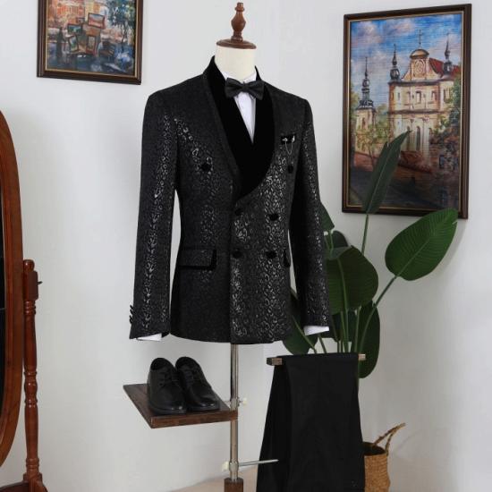 Black Jacquard Shawl Lapel Double Breasted Prom Men Suits_2