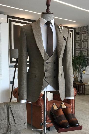 David Elegant Solid Dark Brown Pointed Lapel One Button Men Business Suit_1