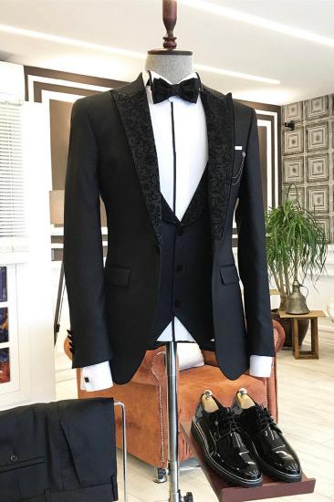 Gavin Fashion Black Three Piece Peak Jacquard Lapel Men Business Suit_2