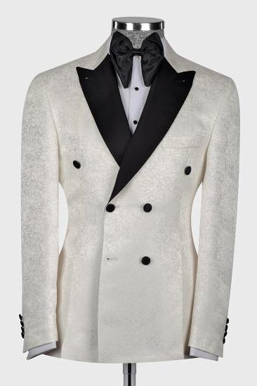 Stylish Black Peak Lapel Double Breasted White Jacquard Wedding Suit