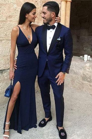 Dark Blue One Button Two Piece Prom Men Suit | Black Lapel Prom Suit_2