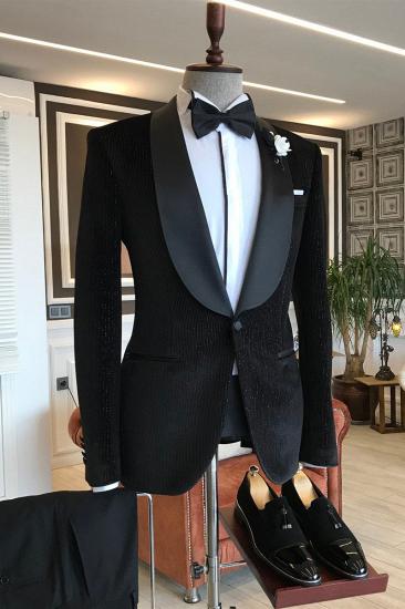 Soft Black Shawl Lapel With One Button Slim Fit Shiny Wedding Suit_2