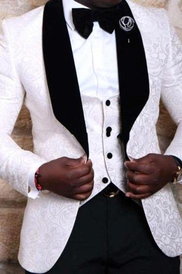 Handsome White Groom Tuxedo Online | Jacquard Three Piece Men Suit