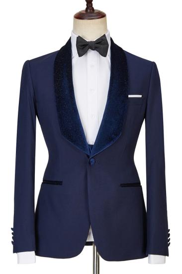 Navy Velvet Best Fit Three Piece Shiny Men Suits_2