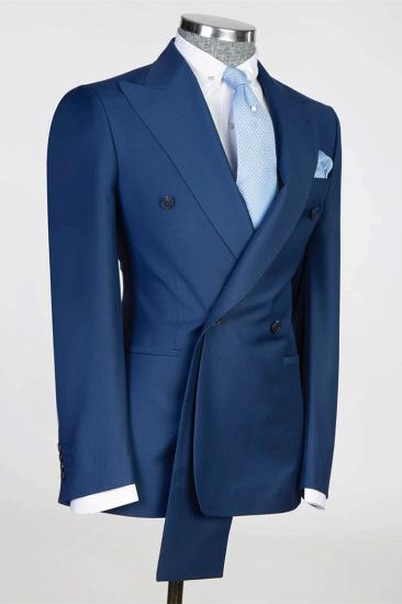Navy Blue Peaked Lapel Double Breasted Two Piece Prom Suits_2