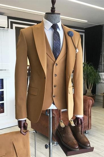 Julien Gold Brown Fashion Point Lapel Men Suit Three Piece_1