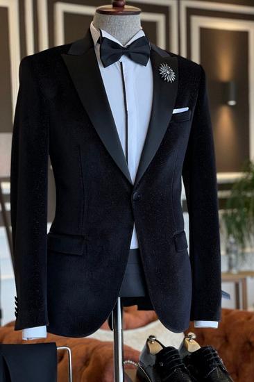 Roman Men All Black Velvet 2 Piece Point Lapel Business Suit_2