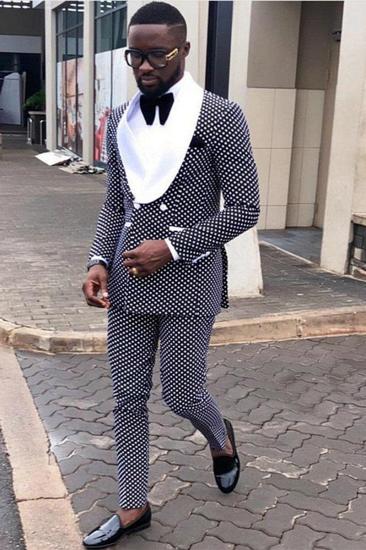 Fashion Black Dot Double Breasted Men Suit Online White Lapel