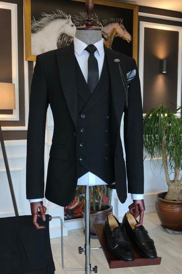 Charles New All Black Three Piece Point Lapel Business Suit_2