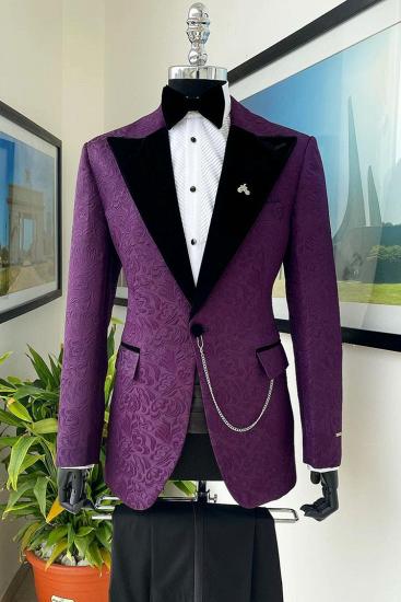 Fashion Dark Purple Peaked Lapel Jacquard Two Piece Prom Suits