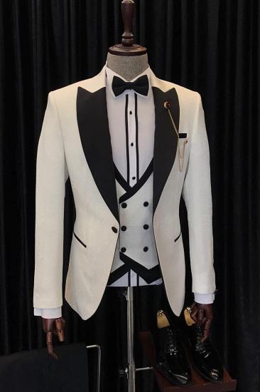 Anthony Stylish White Three Piece Wedding Men Suit With Black Point Lapel_3