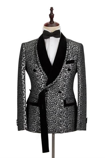 Black Stitching Silver Leopard Jacquard Men Suit | Shawl Lapel Double Breasted Wedding Suit For Formal With Shirt