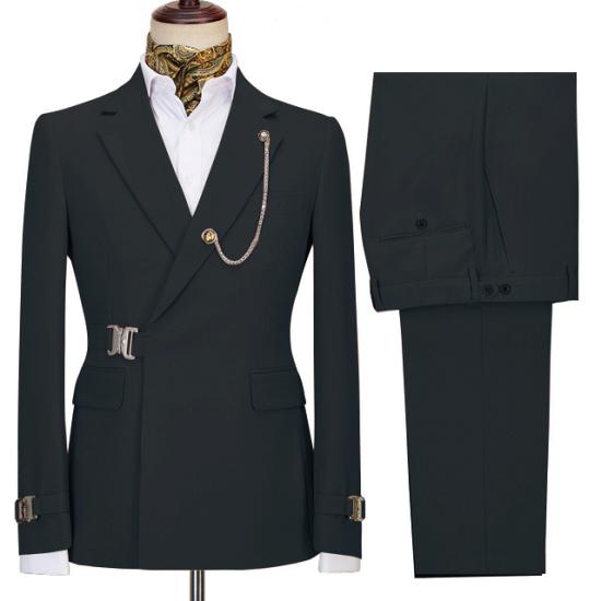 Black Button Notched Lapel Men Two Pieces Business Suit_2