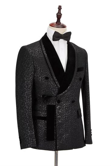 Stylish Velvet Lapel Double Breasted Prom Suit | Belt Leopard Black Jacquard Men Suit For Wedding_2