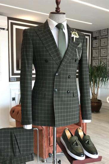 Handsome Green Plaid Double Breasted 2 Flap Men Business Suit