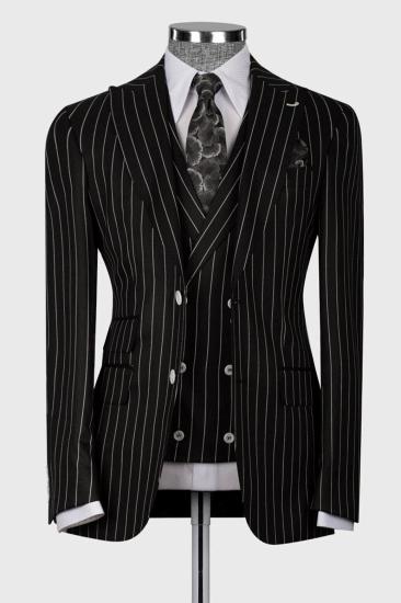 Slim High Waist Three Piece Pinstripe Black Business Suit With Vest