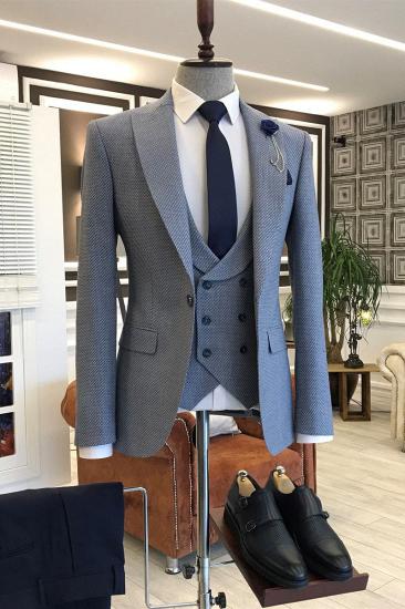 New Blue Small Plaid Double Breasted Vest Business Men Suit