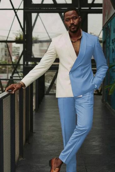 Wonderful Double Piece Sky Blue Shawl Lapel Double Breasted Prom Two Suits