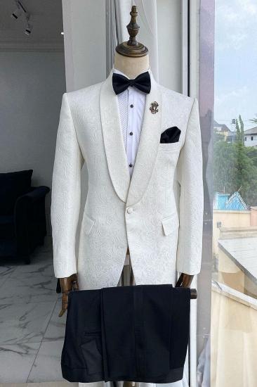 White Jacquard Wedding Groom Two Piece Suit with Black Pants_1