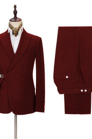 Stylish Peak Lapel Buckle Button Formal Burgundy 2 Piece Men Casual Suit Online_2