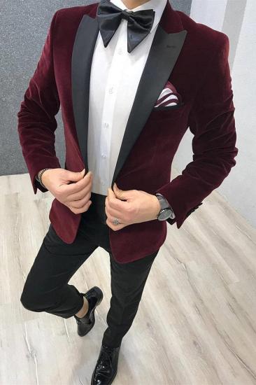 Two Piece Burgundy Velvet Wedding Suit | Black Satin Point Lapel Wedding Tuxedo_1